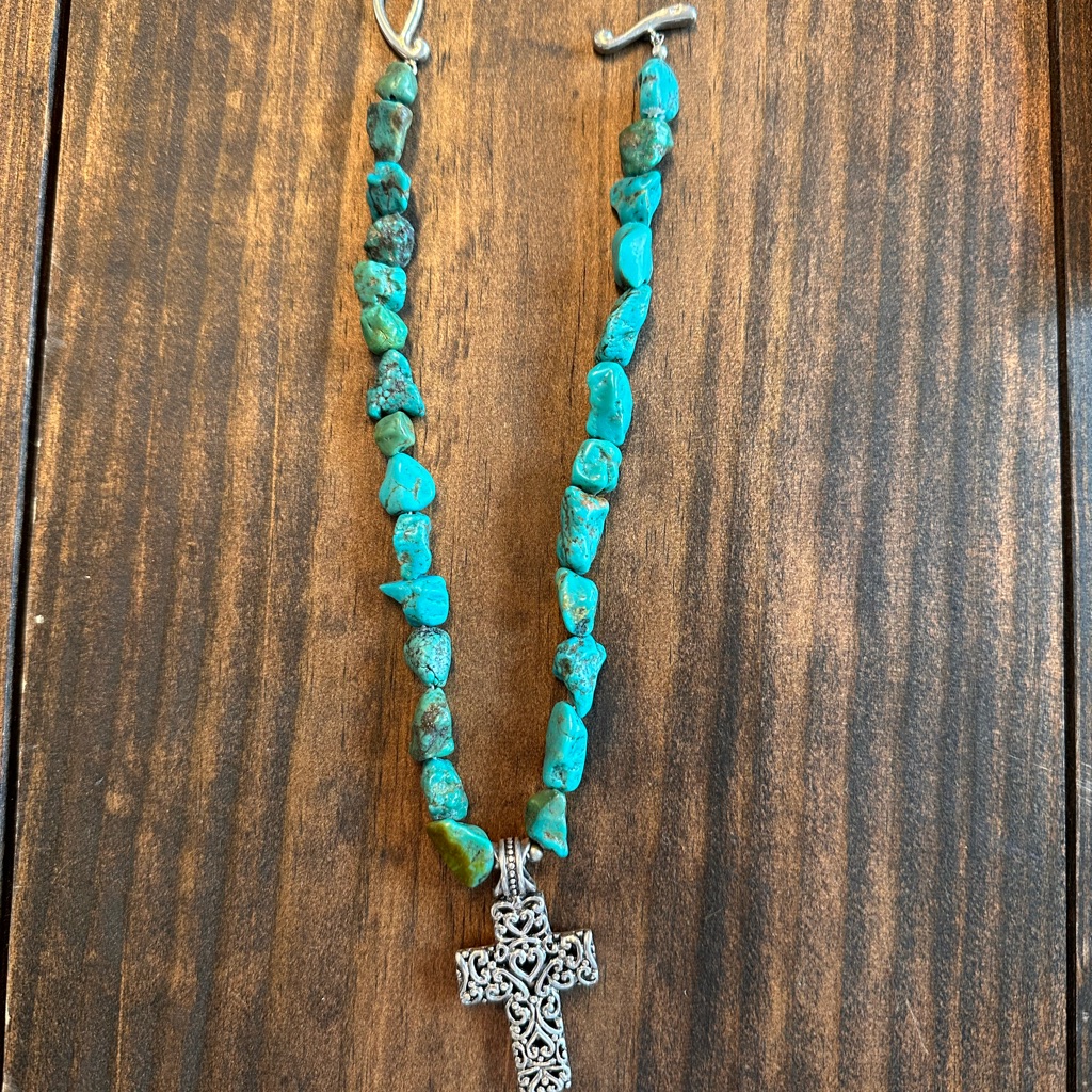 Ross-Simons Southwestern Turquoise Nugget Bead 925 Cross Pendant Necklace 15 80$